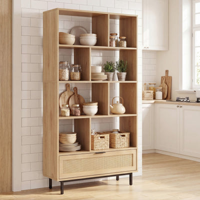 64 inch 6-Tier Tall Wooden Bookcase with 8 Open Cubes-Natural