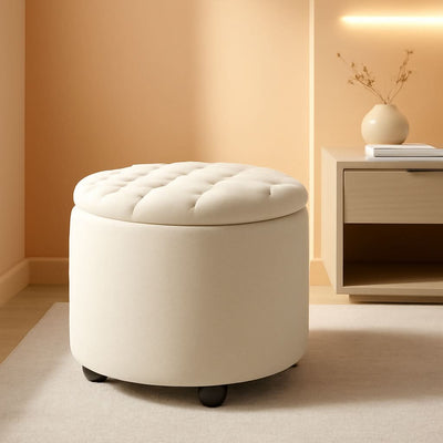 Beige Round Storage Ottoman Featuring Removable Lid