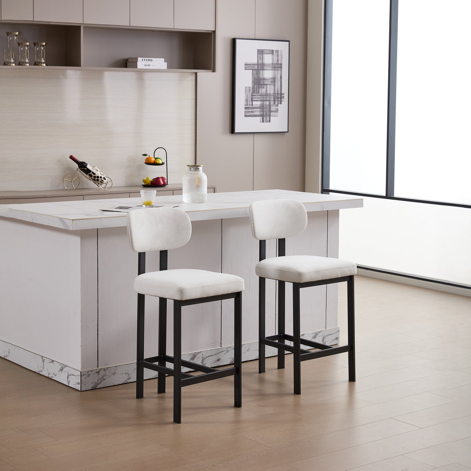 Bar Stools Set of 2, 26 inch Modern Upholstered Fabric Counter Height Barstools, Kitchen Island Chairs with Black Metal Legs for Dining Room/Kitchen Island/Bar