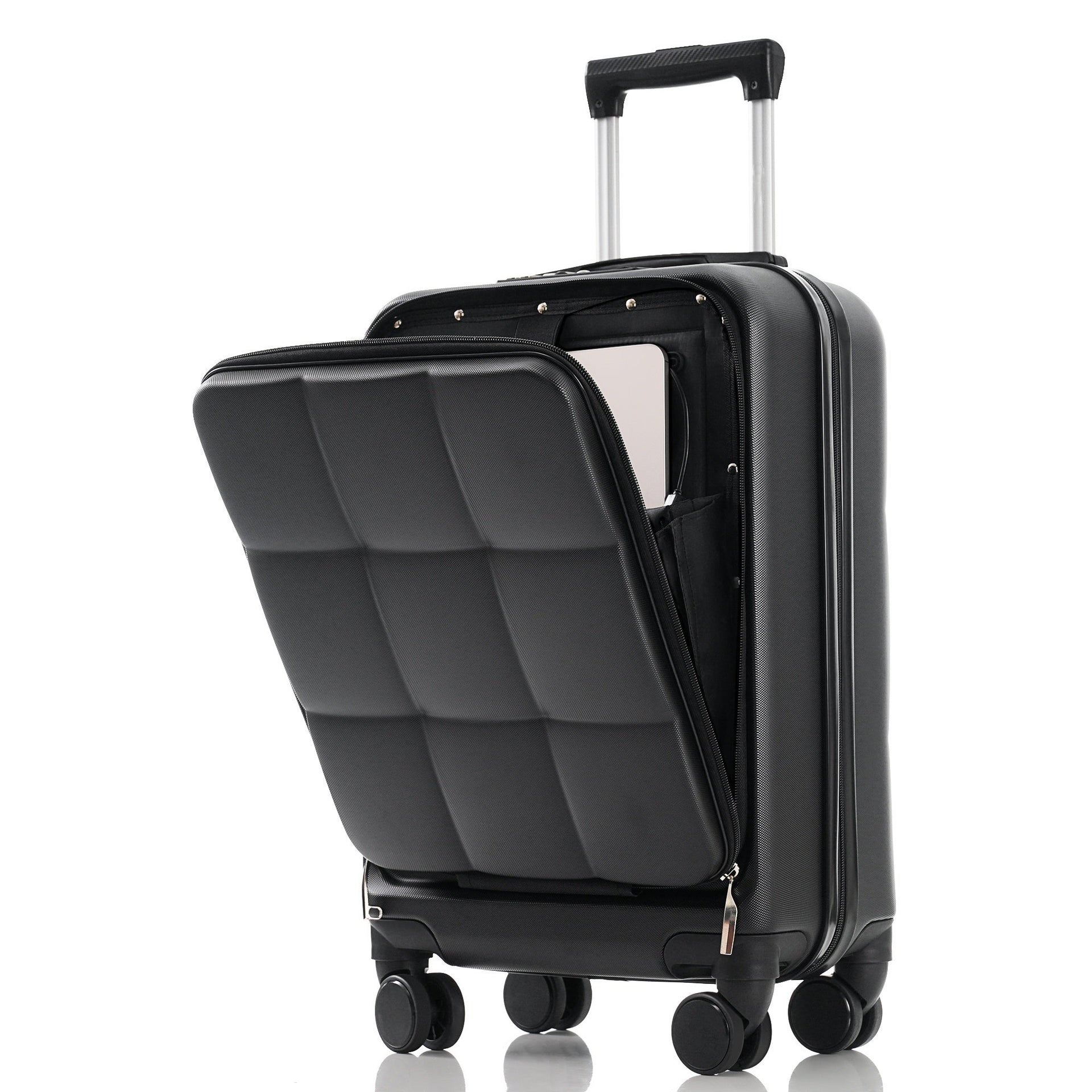 Luggage Sets 3 Piece, 20-inch with USB Port and front opening design, ABS Hard Shell Luggage with Spinner Wheels, Cup Holder, black and brown