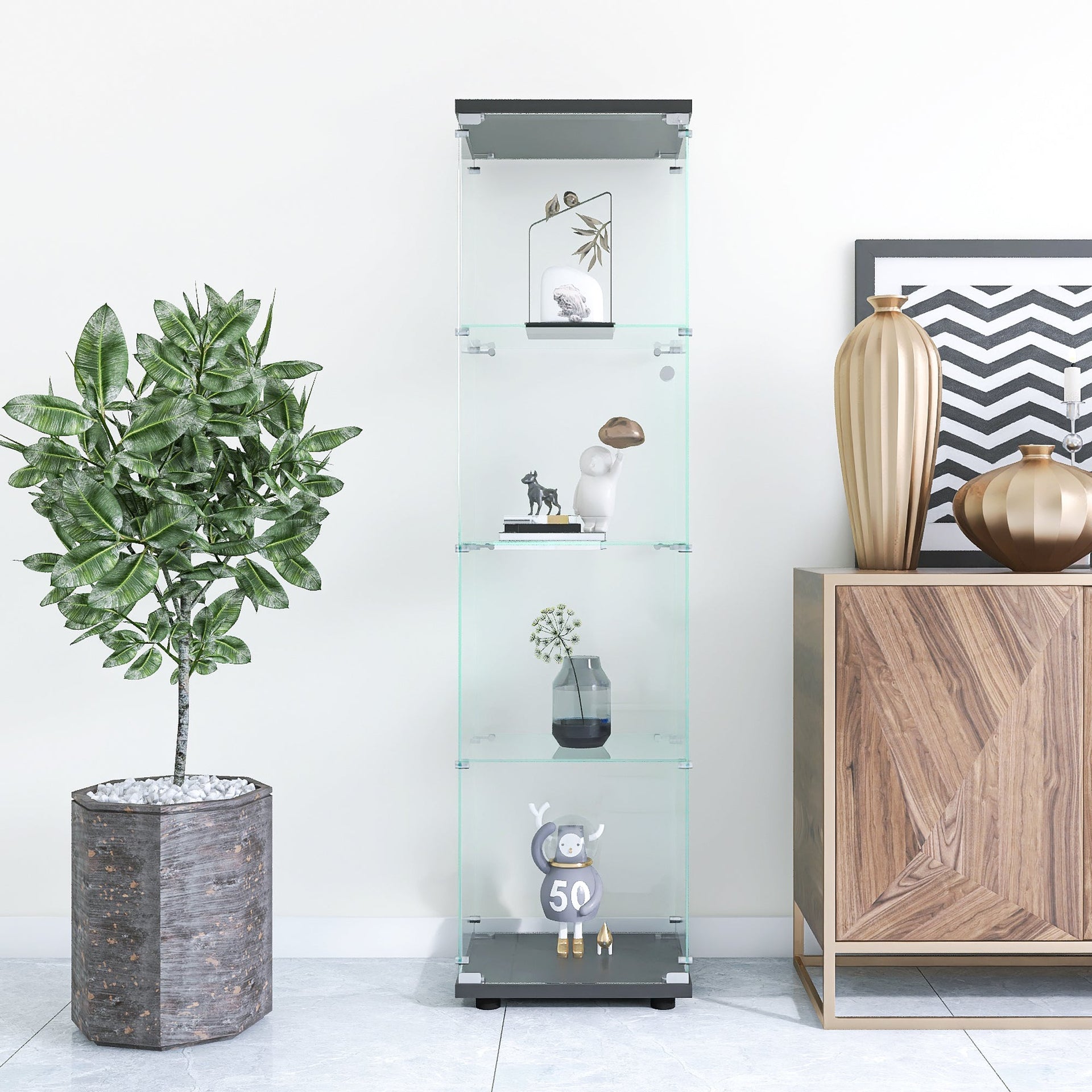 4 glass display cabinets with door shelves, floor standing antique bookshelf, 64.7