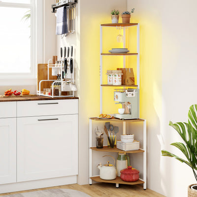65 Inch 6-Tier Corner Shelf with Charging Station and Ambience Light-Natural