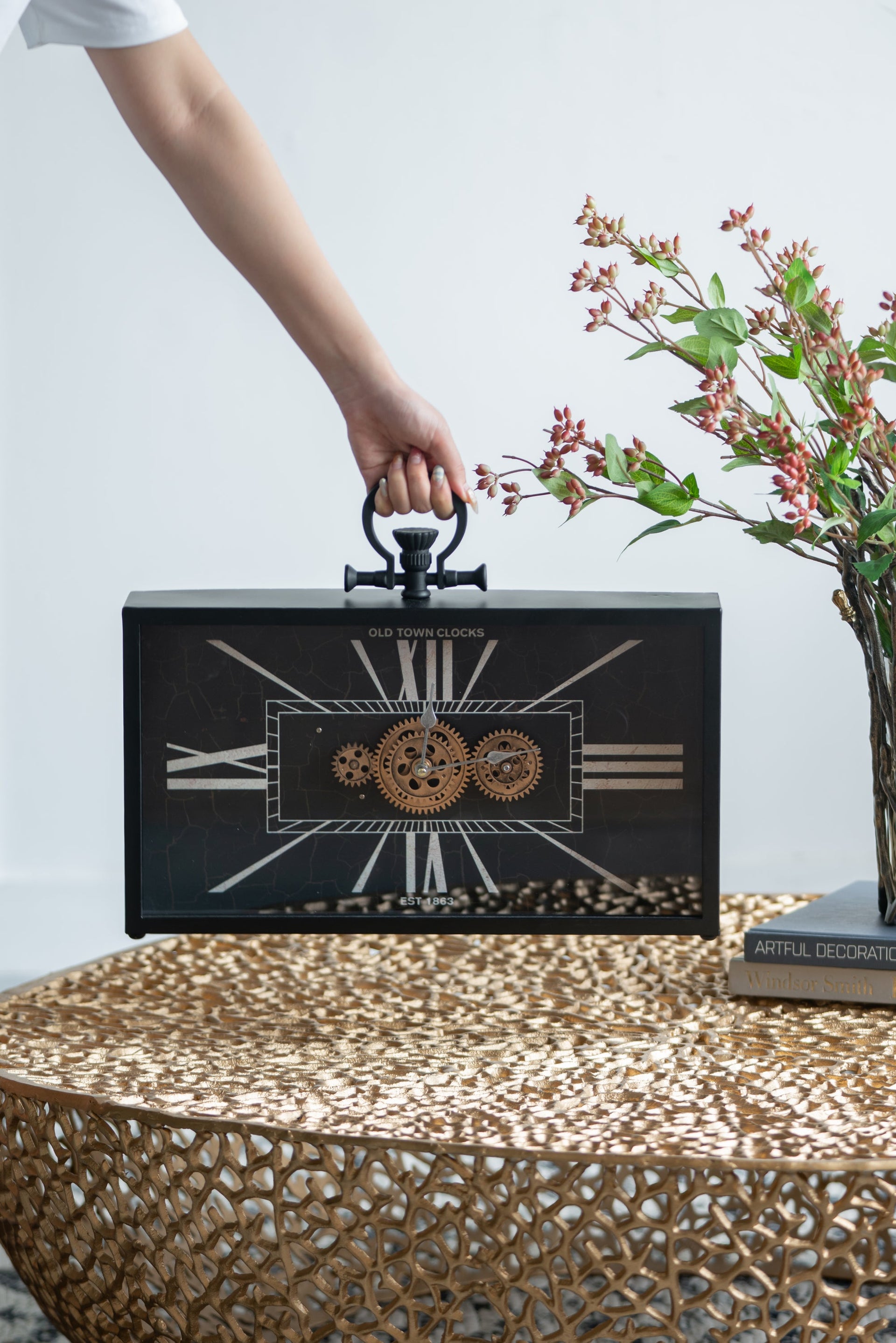 17.5x3x13' Decorative Black and Gold Gear Table Clock