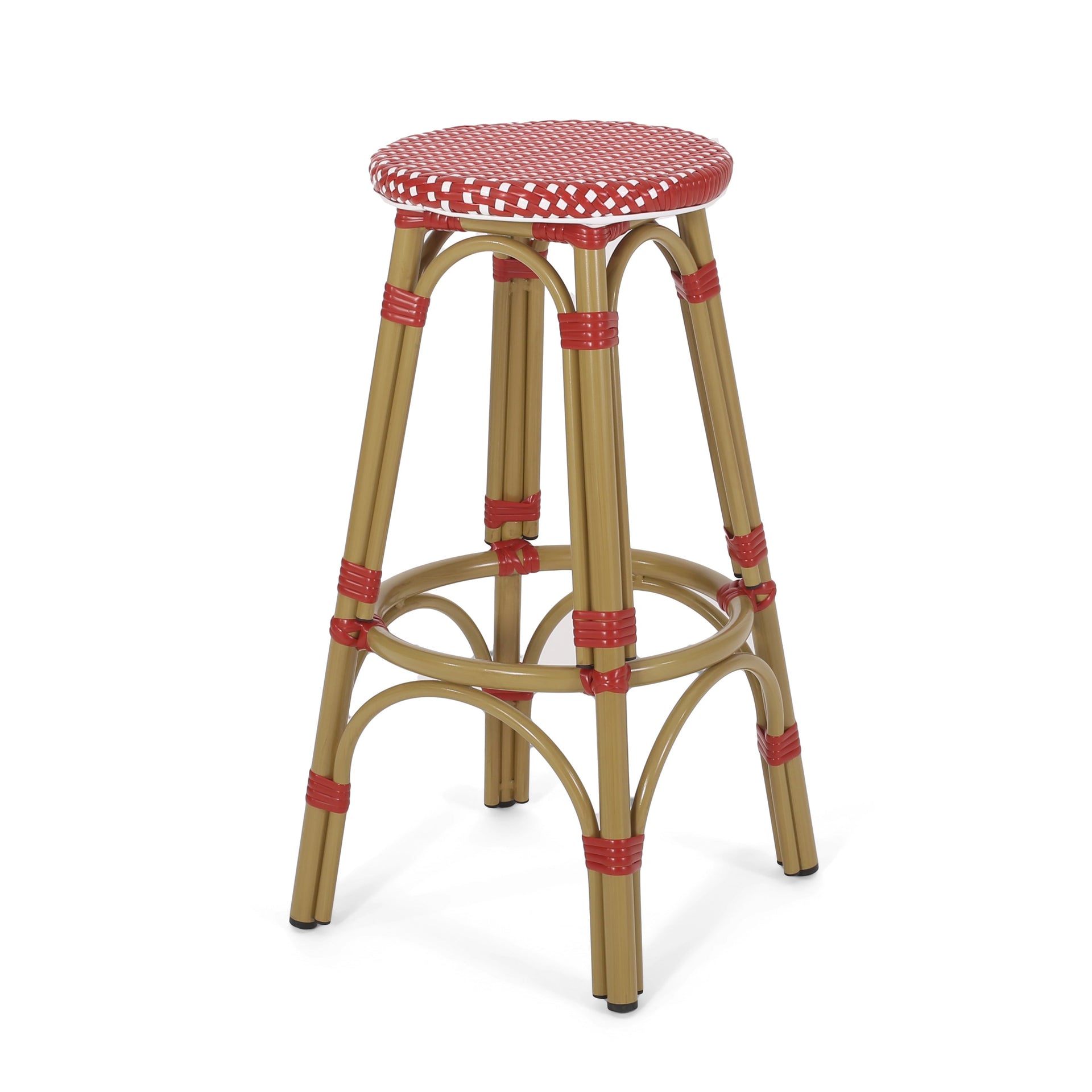 Outdoor PE Ratten and Aluminum 29.5' French Backless Barstools, Set of 2, Red, Bamboo Print Finish