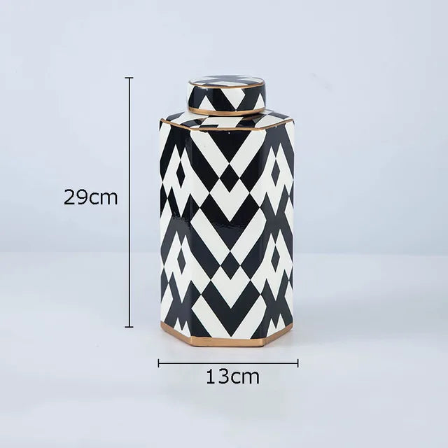Geometric Black and White Striped Storage Jar Household Ceramic Candy Sealed Jar Vase Sundries Container Home Decoration