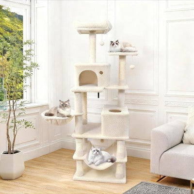 66 Inch Tall Cat Tree Multi-Level Cat Tower with 2 Condos Sisal Scratching Posts-Beige