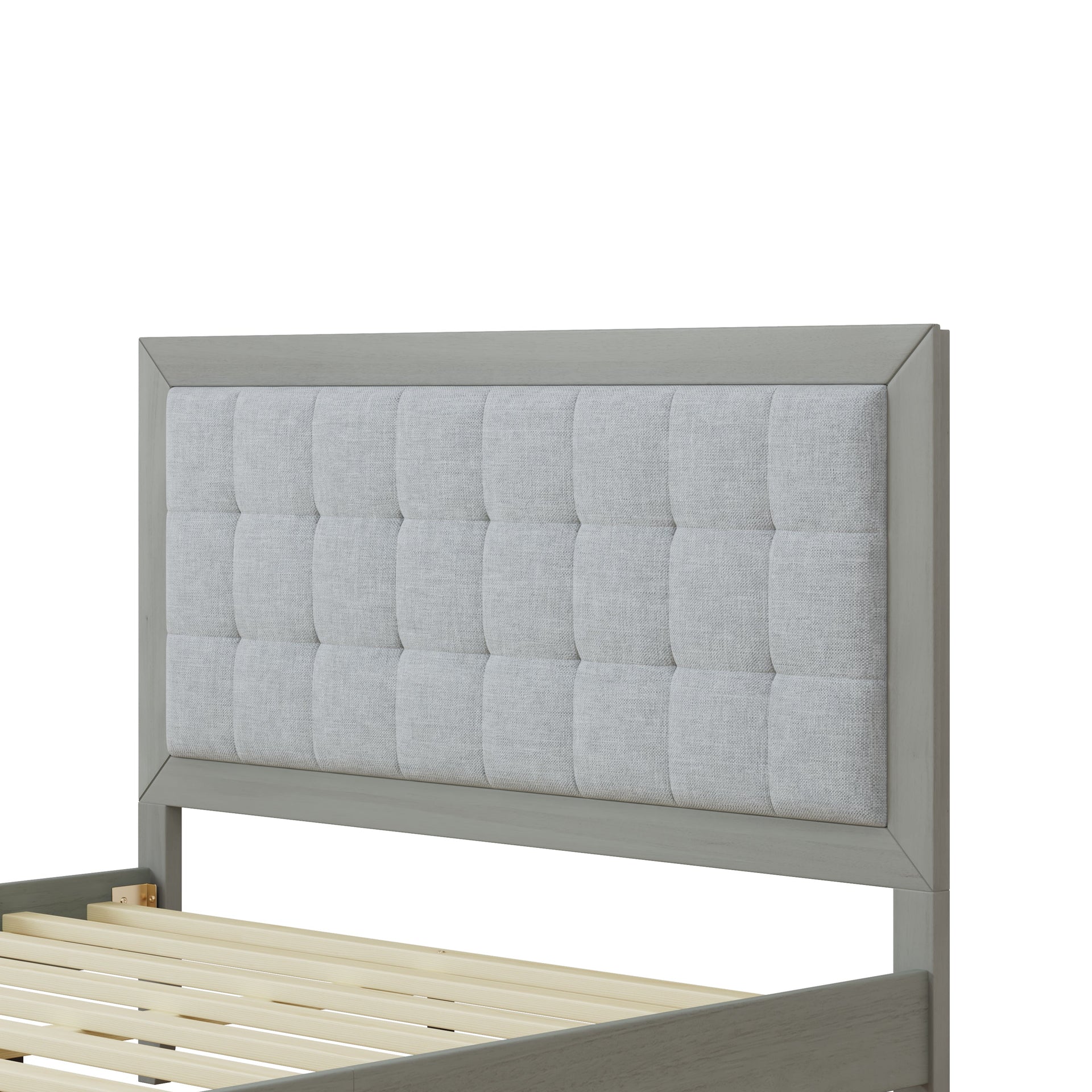 Mid-Century Modern Solid Wood Platform Bed with Upholstered Headboard in Grey, Rubber Wood, Queen Size