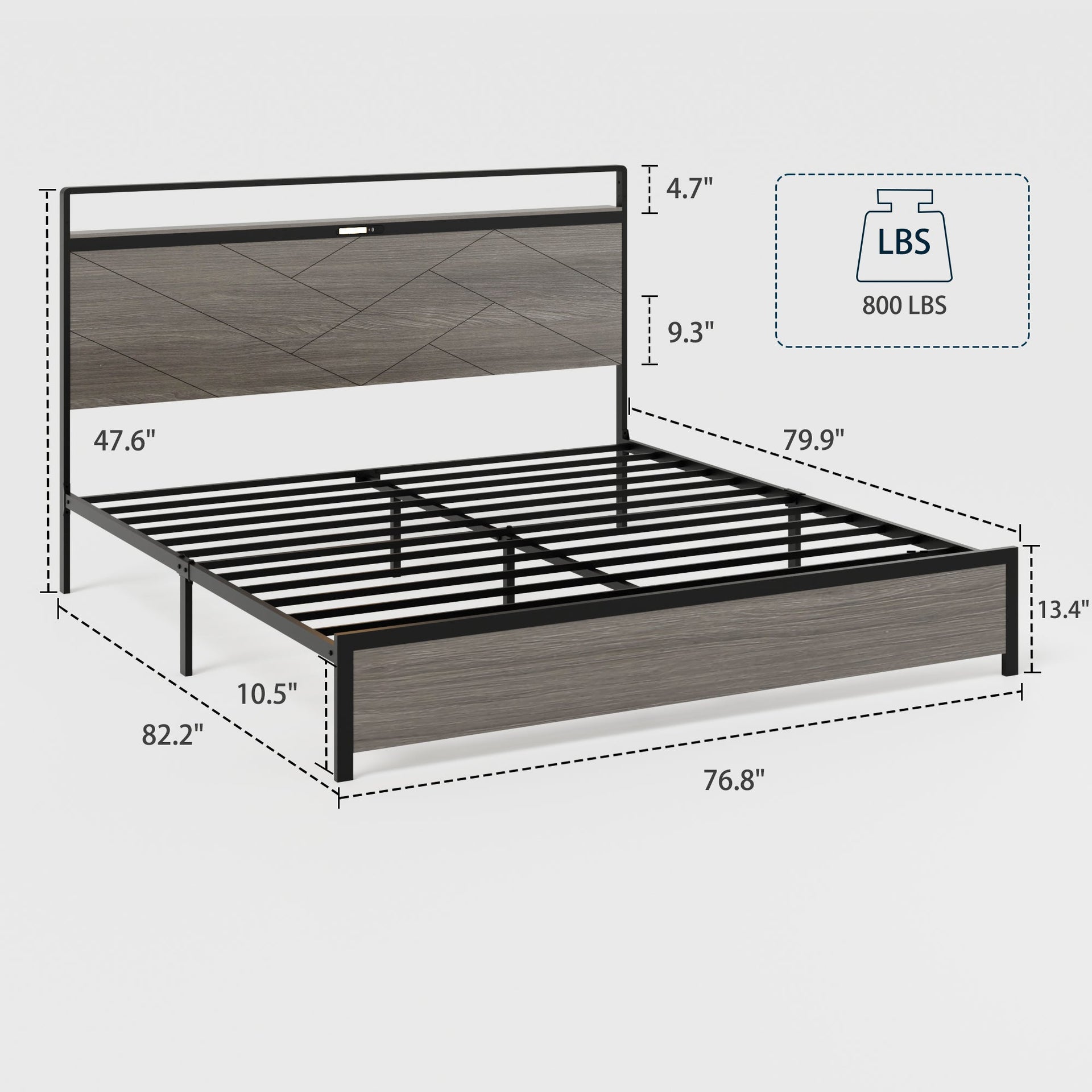 Bed frame king size, wooden platform bed frame with storage LED light headboard and 2 USB, no noise, no spring mattress required and simple assembly tools, large underbed storage, Antique Grey