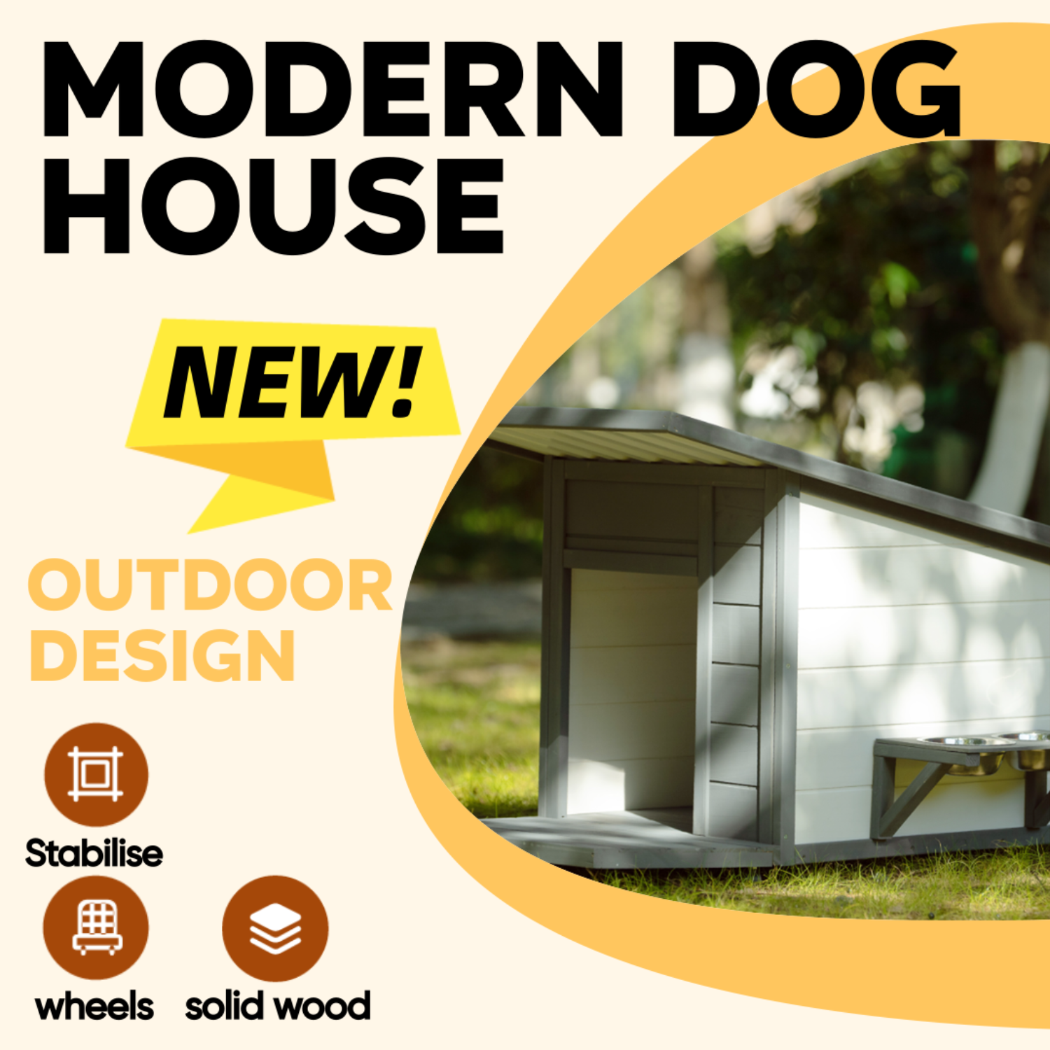 Modern Design Outdoor Dog House with Food Bowl and Wheels, Grey Pine, 44.1 x 22.1 x 28.8 inches