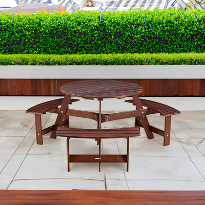 6-person circular picnic table with 3 built-in benches, umbrella holes, outdoor tables and chairs brown bench set
