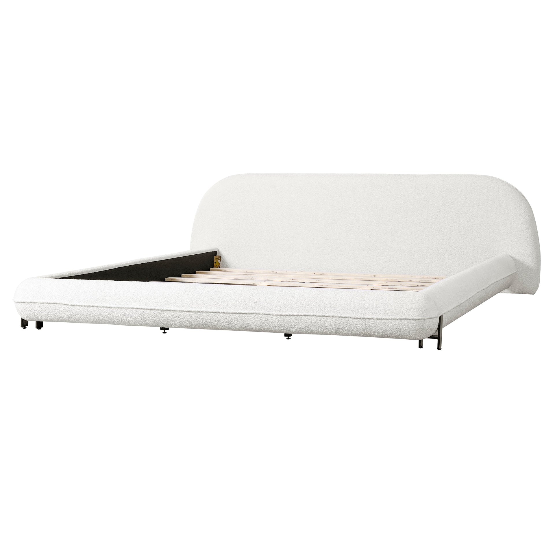 King Size Bed Frame with Boucle Fabric, Upholstered Platform Bed with Curve-Shaped Design & Thick Headboard, White