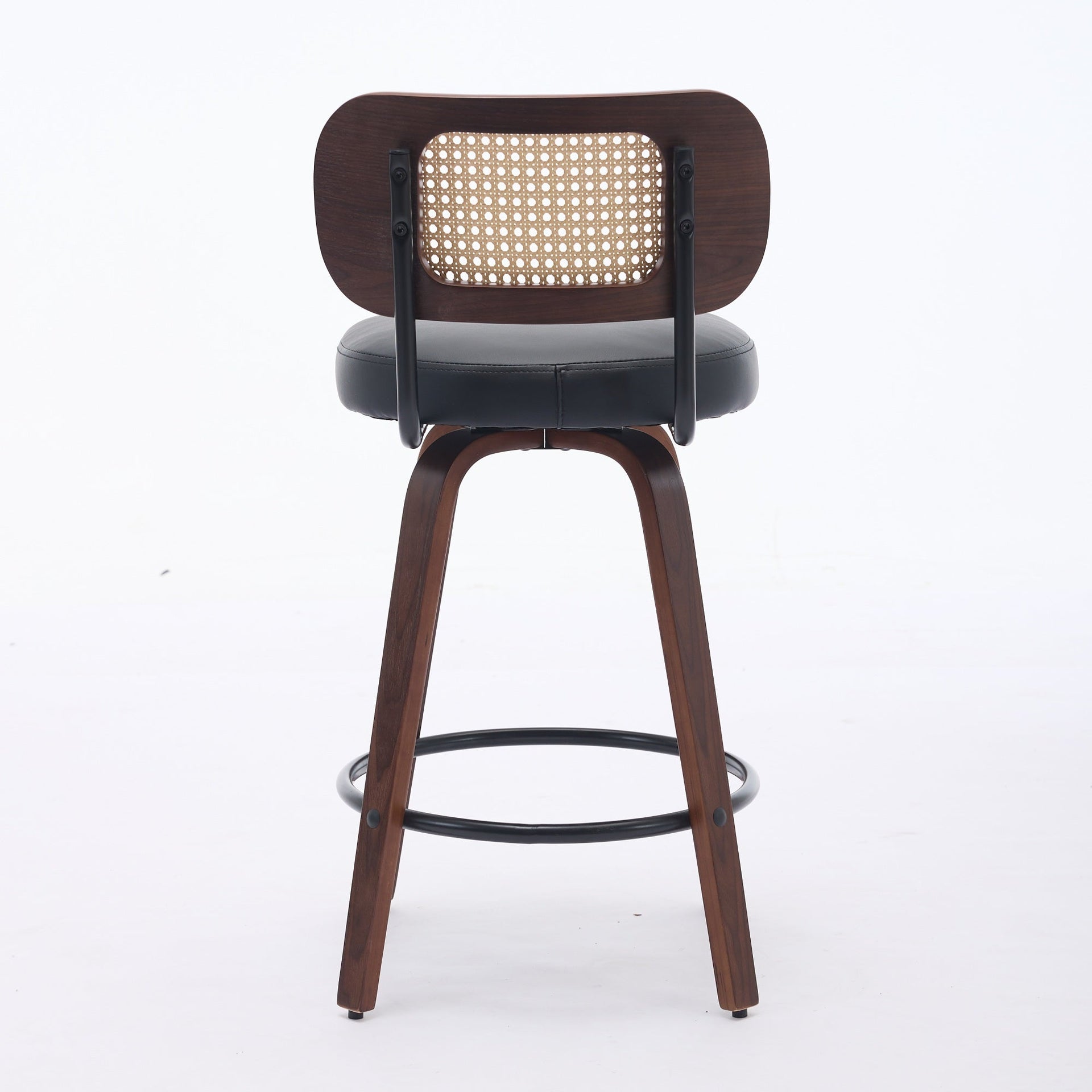 Set of 2 Counter Height Bar Stools - 26 inch Rattan Counter Height Stools with Cane Back, Upholstered Seat, Walnut Craftsmanship, Swivel Counter Stools for Island/Kitchen/Counter/Bar (Walnut Black)