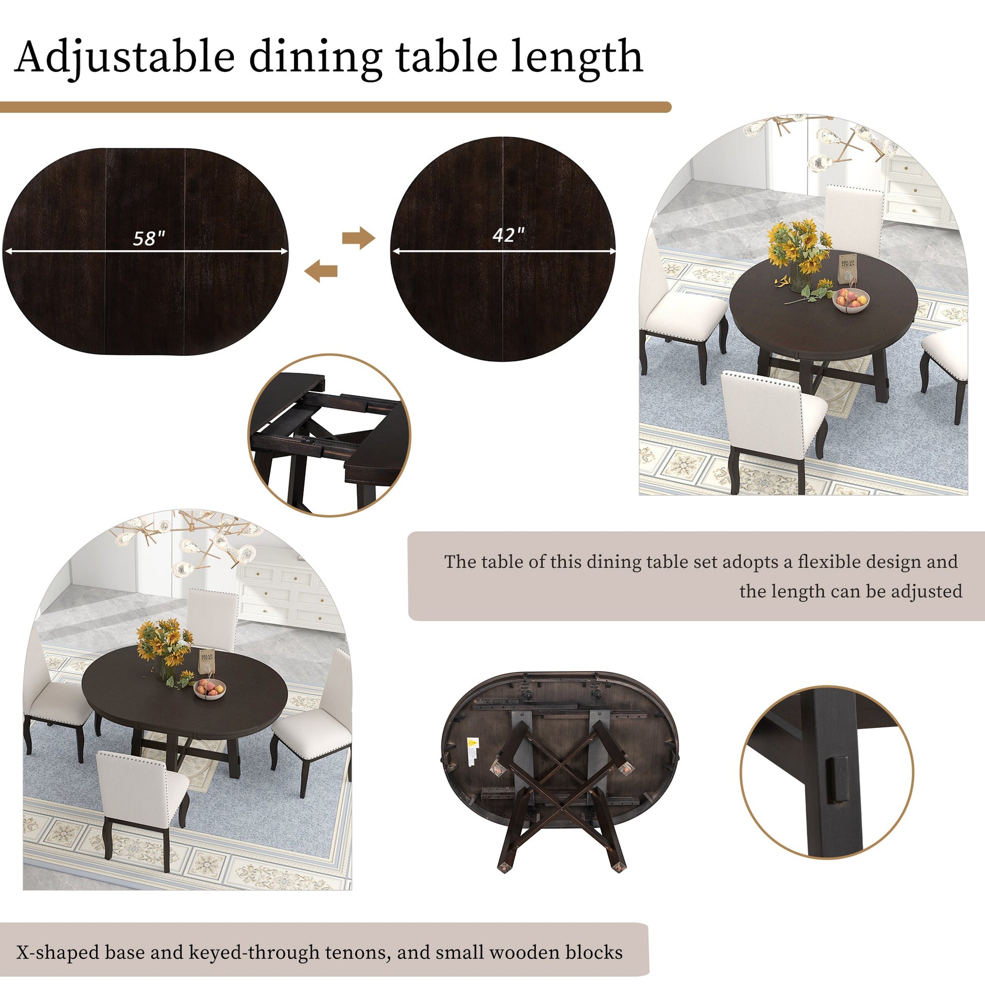 TREXM Farmhouse Round Extendable Dining Table with 16