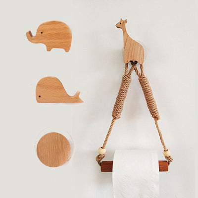 Nordic Indoor Wooden Solid Wood Hemp Rope Animal Tissue Holder Children's Room Decoration Wall Hanger Hemp Rope Hook Toilet Paper Holder
