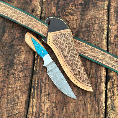 Damascus Skinner Knife with Handtooled Sheath & Belt