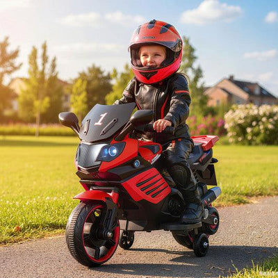 6V Kids Motorcycle with Headlights Music and Detachable Training Wheels-Red
