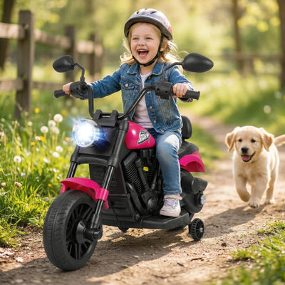 6V Kids Motorcycle with Headlight and Music and Training Wheels-Pink