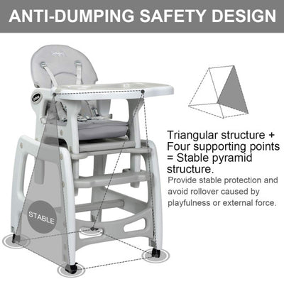 3-in-1 Baby High Chair with Lockable Universal Wheels-Gray