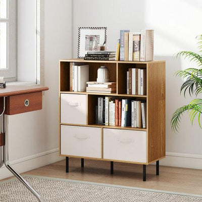 6-Cube Bookshelf with 3 Removable Folding Fabric Drawers for Living Room-Natural