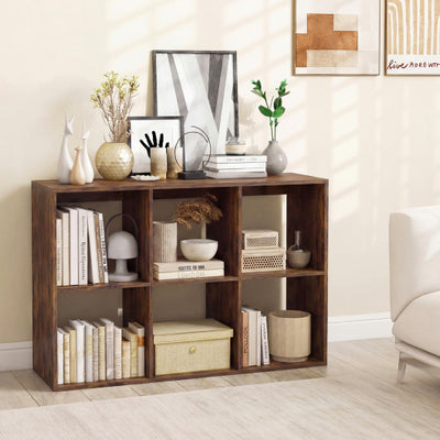 6 Cube Bookshelf with Back Guardrail for Living Room Bedroom-Rustic Brown