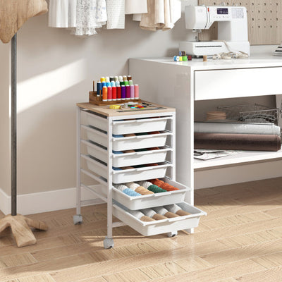6-Drawer Rolling Storage Cart with Wooden Tabletop-White