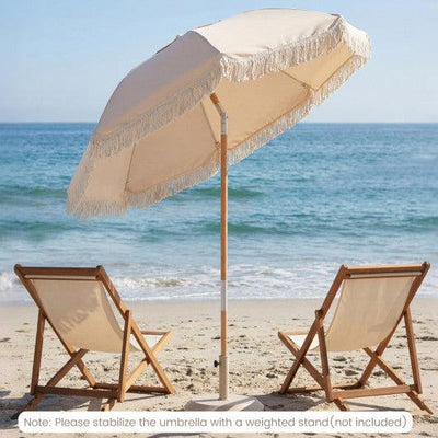 6 Feet Patio Umbrella with Fringe with Push Button Tilt and Wood Pole-White