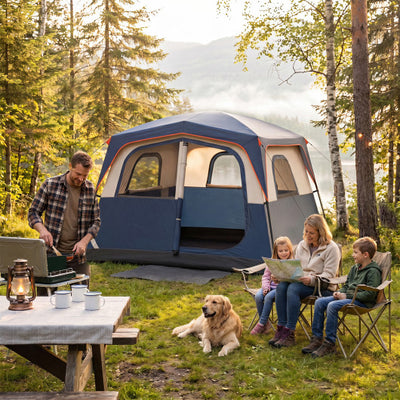 6-Person Camping Tent Easy Setup Family Cabin Tent with Top Rainfly Mesh Windows-Blue