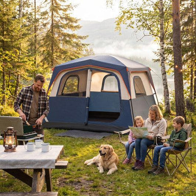 6-Person Camping Tent Easy Setup Family Cabin Tent with Top Rainfly Mesh Windows-Blue