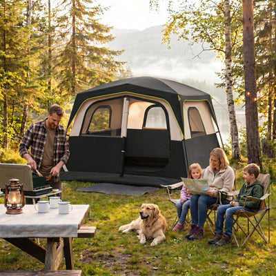 6-Person Camping Tent Easy Setup Family Cabin Tent with Top Rainfly Mesh Windows-Black