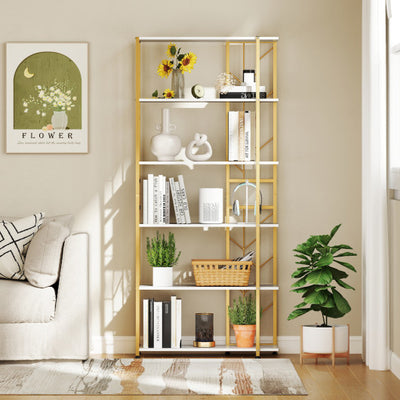 6-Tier Bookshelf Modern Geometric Bookcase with Heavy-duty Metal Frame and Anti-tipping Kits-White