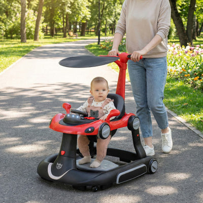 6-in-1 Baby Walker with Canopy Portable Activity Center Bouncer Rocker Combo with Music-Red