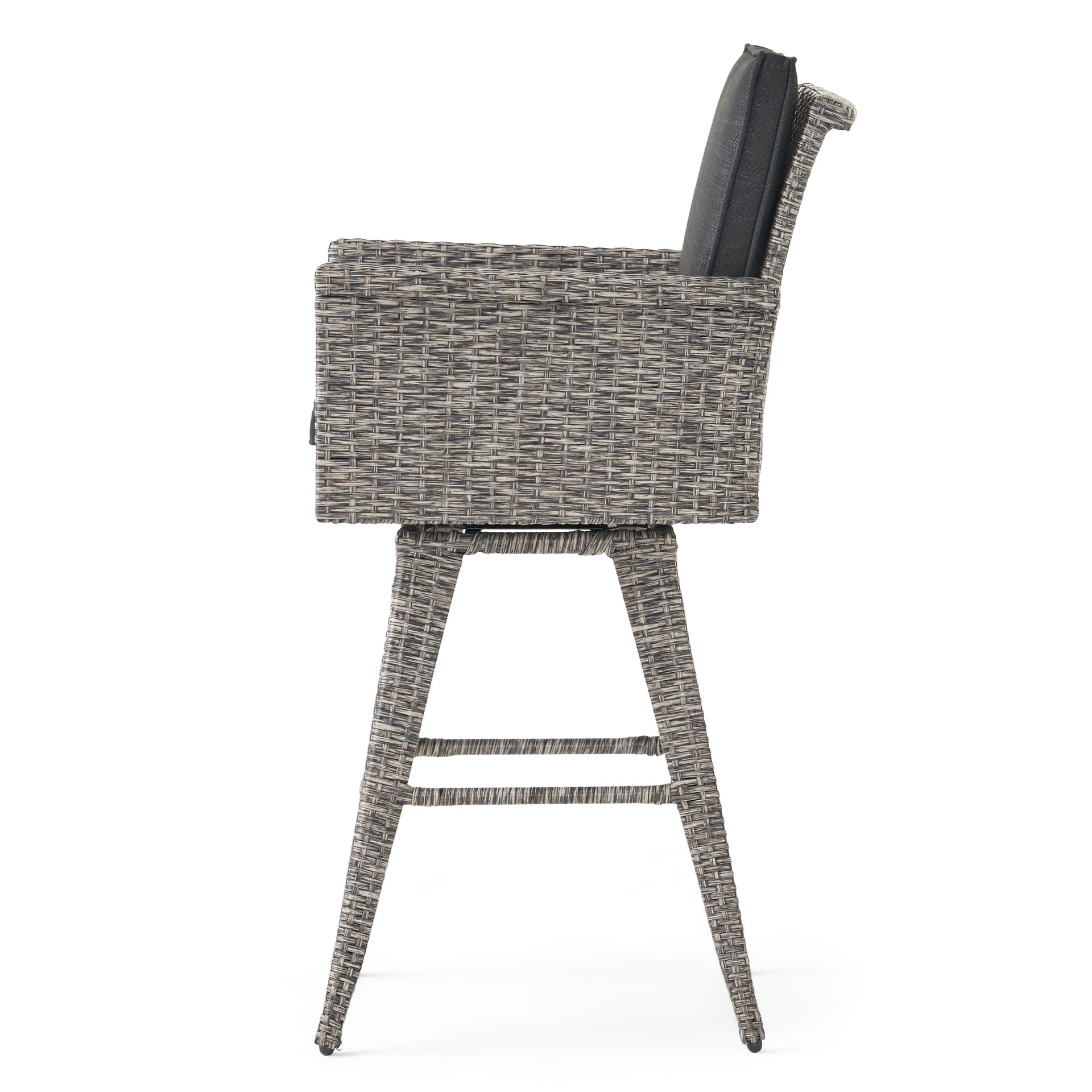 30' Outdoor PE Rattan Swivel Barstool with Water Resistant Cushion, Mixed Black Wicker, Dark Grey Cushion