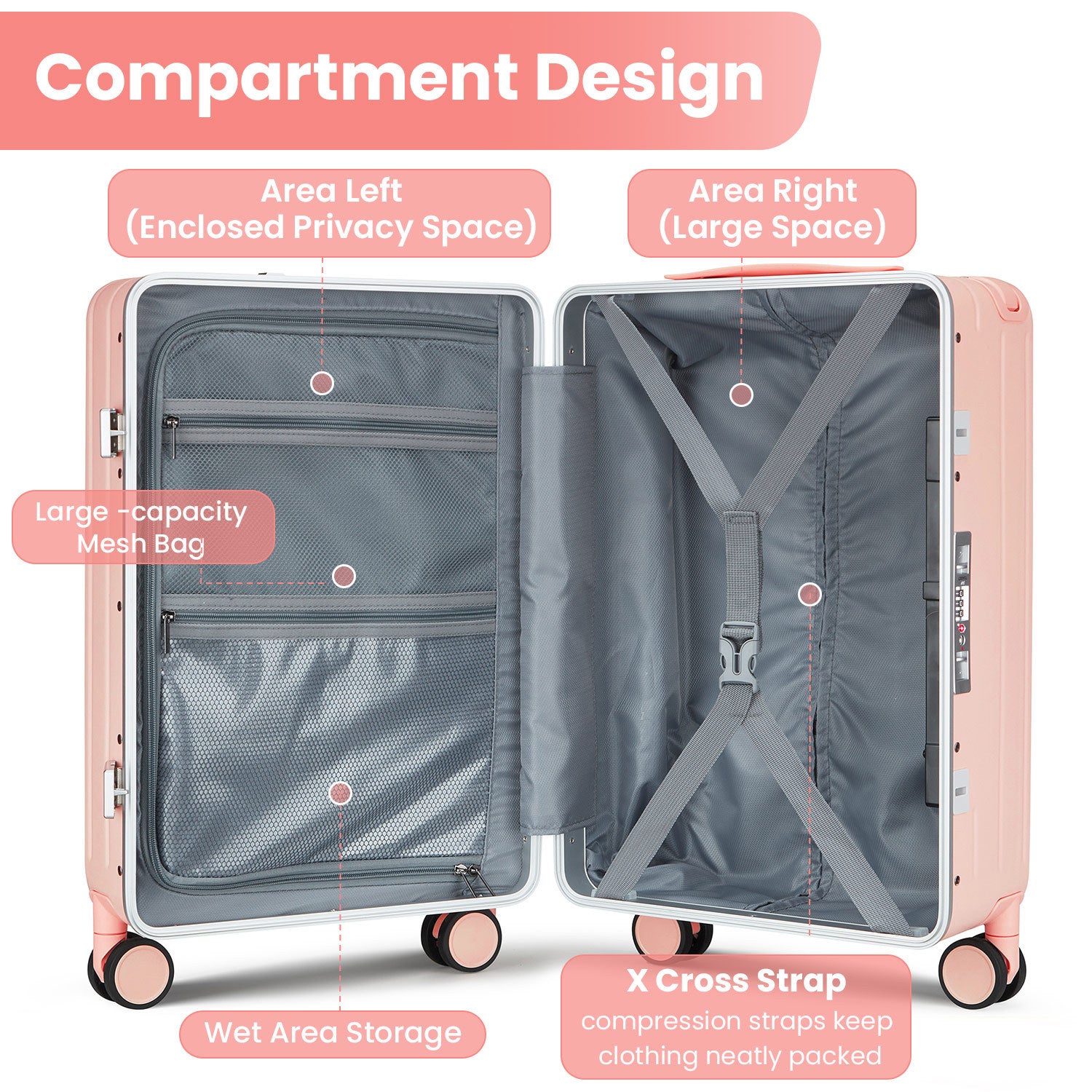 Aluminum Frame 20 Inch with Front Open Carry-on Luggage, PC Hard Shell Suitcase, Bounce Wide Handle Pull Rod Luggage with 360°Double Wheels, Built-In TSA Lock, Airline Approved Suitcase for Business