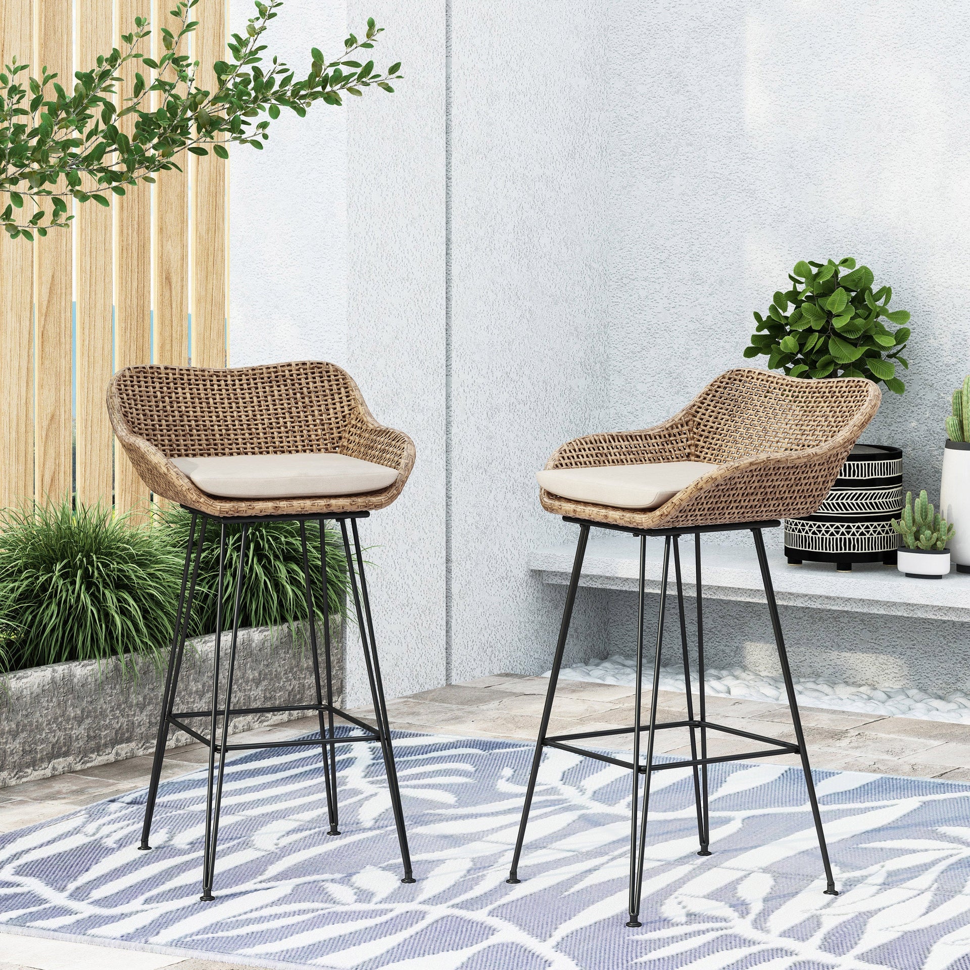29.25' Outdoor Wicker and Iron Low Back Barstools, Light Brown, with Beige Cushion (Set of 2)