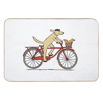 Dog And Squirrel Are Friends Whimsical Animal Art Dog Riding A Bicycle Easy To Clean Bath Mat