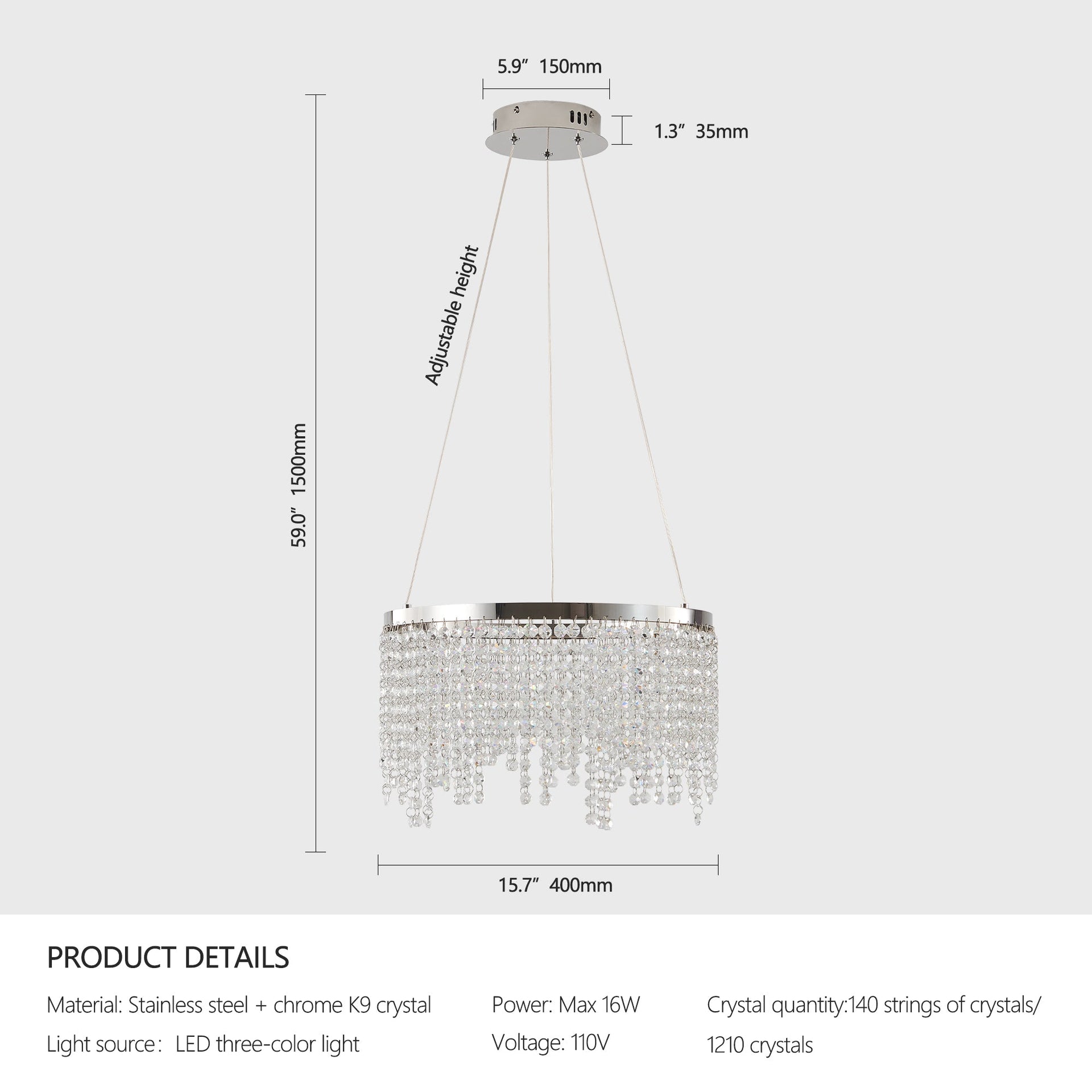 15.7-inch Fancy hanging ceiling lamps luxury modern pendant light crystal chandelier