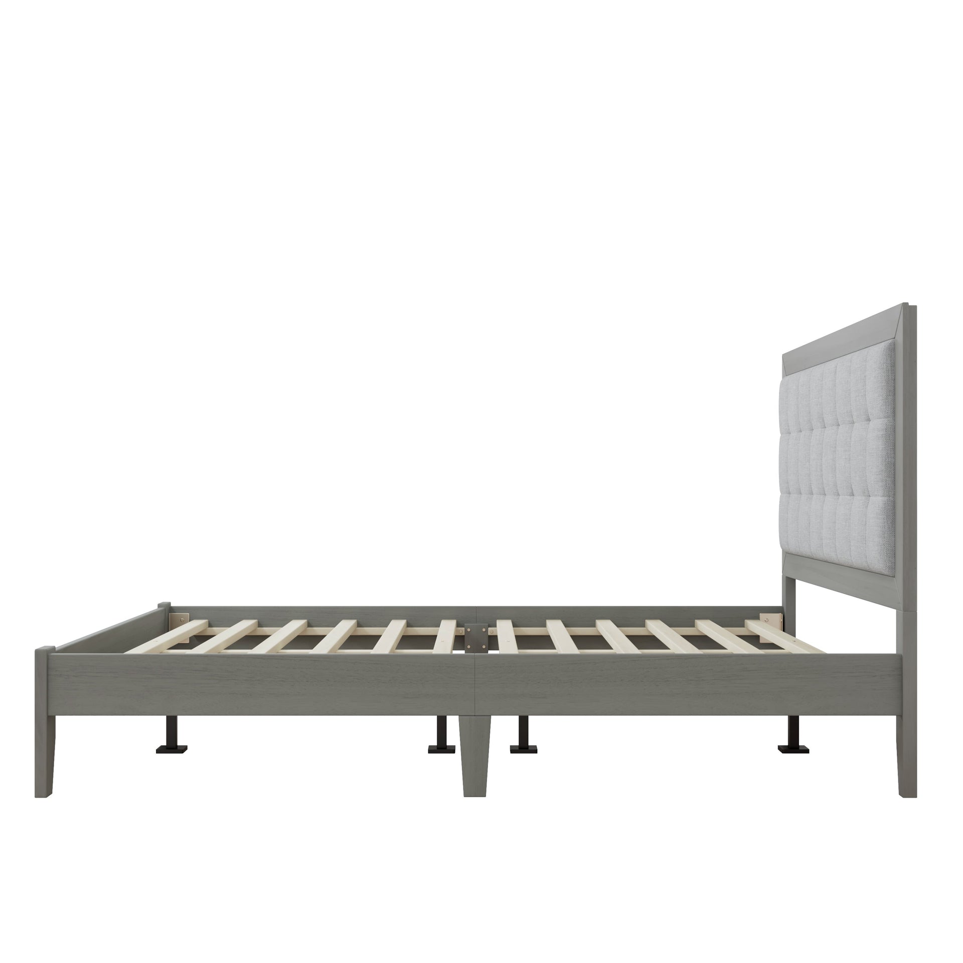 Mid-Century Modern Solid Wood Platform Bed with Upholstered Headboard in Grey, Rubber Wood, Queen Size