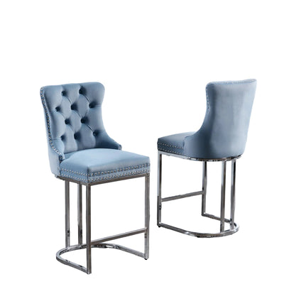 Set of 2 Light Blue Velvet Wing‑Back Bar Stool Set