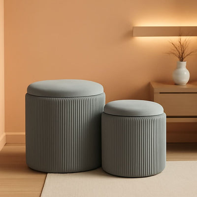Round Velvet Storage Ottoman Collection Light Grey