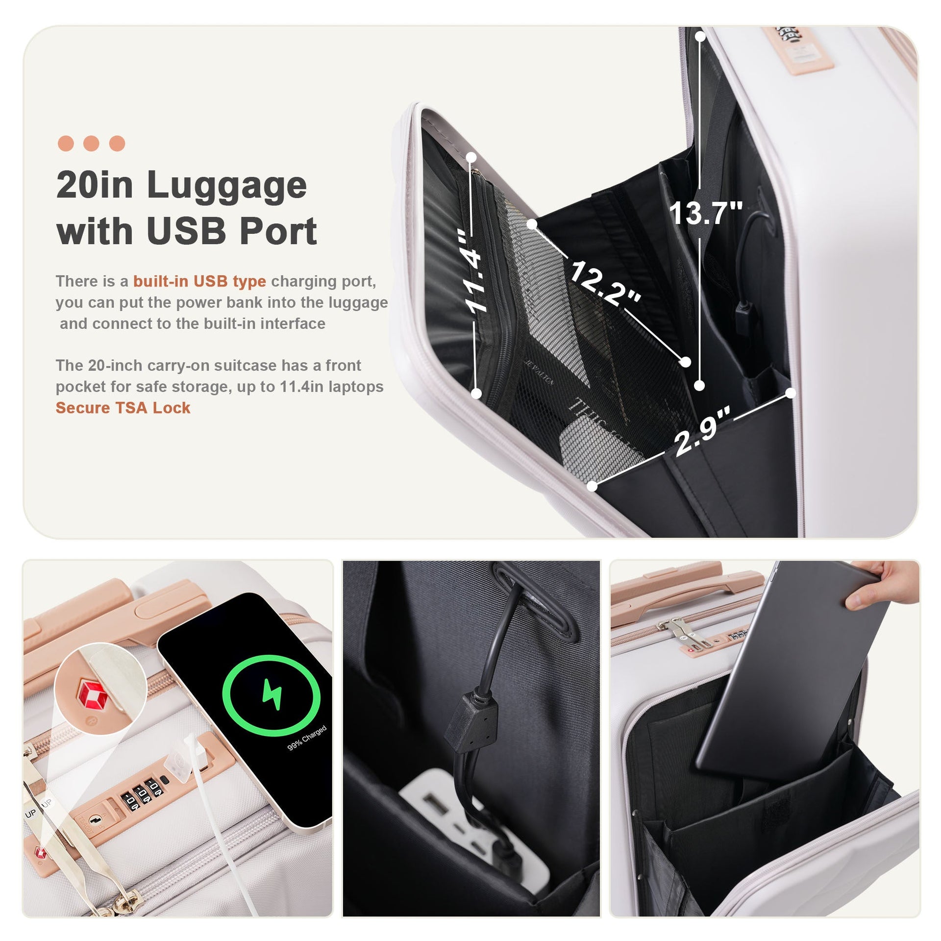 Luggage Sets 3 Piece, 20-inch with USB Port and front opening design, ABS Hard Shell Luggage with Spinner Wheels, Cup Holder, light grey