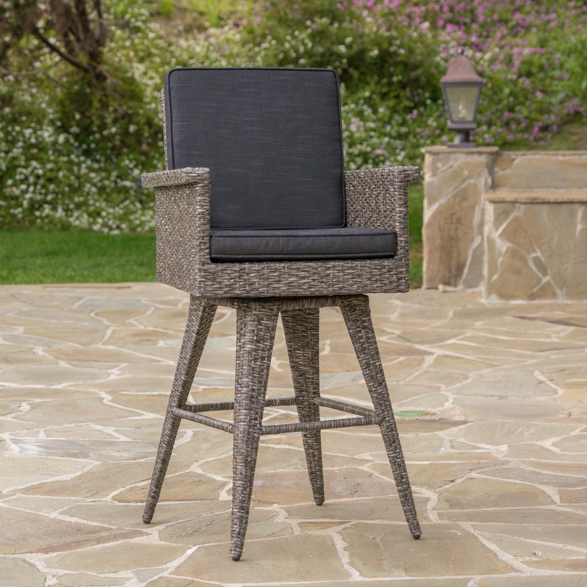 30' Outdoor PE Rattan Swivel Barstool with Water Resistant Cushion, Mixed Black Wicker, Dark Grey Cushion