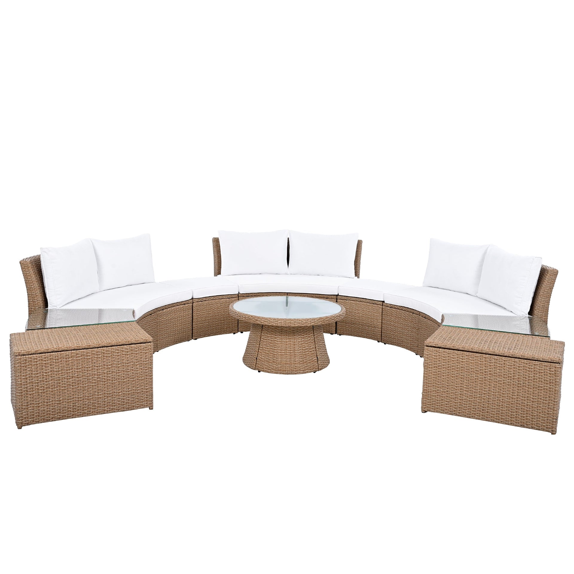 10-Piece Outdoor Sectional Half Round Patio Rattan Sofa Set, PE Wicker Conversation Furniture Set for Free Combination, White