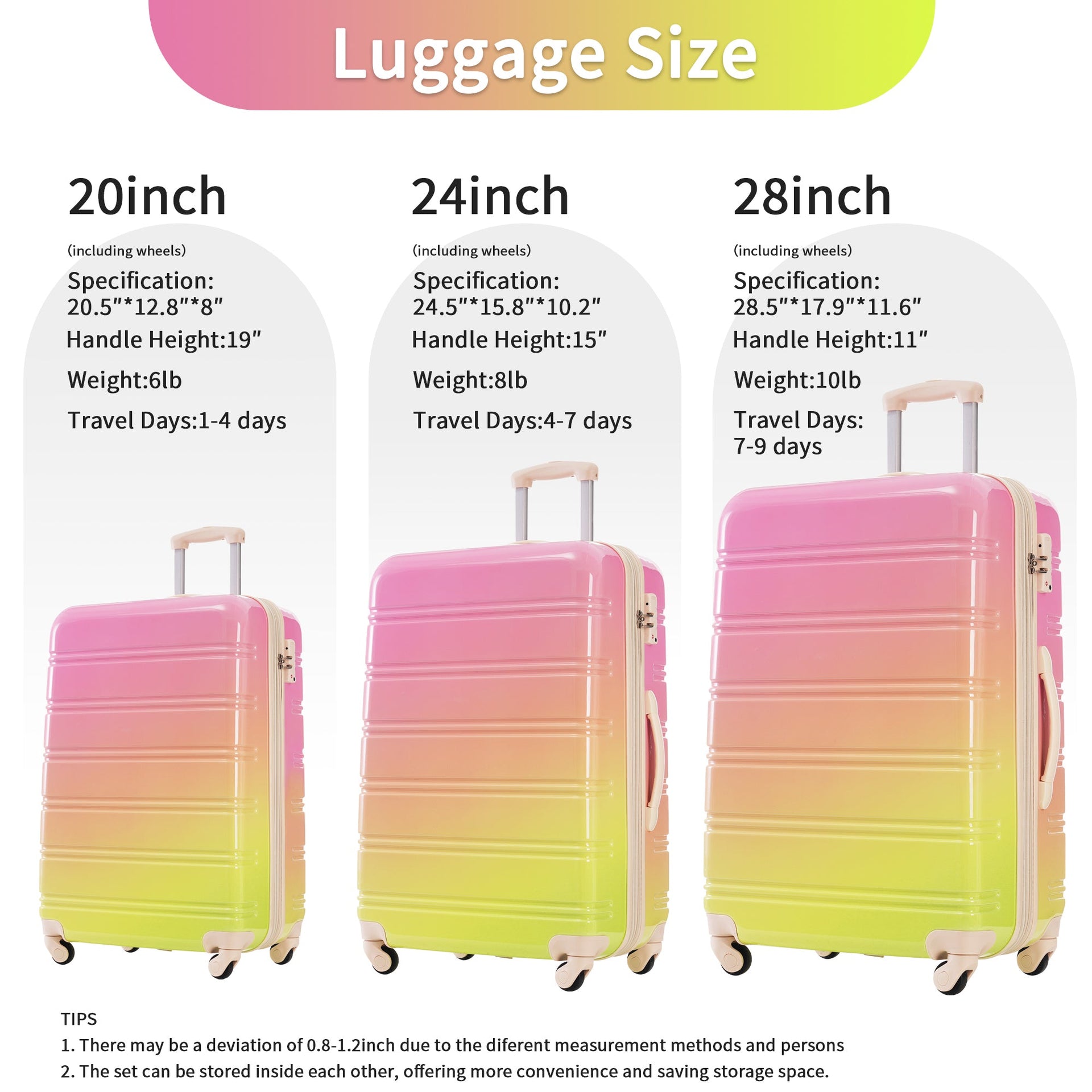 Hardshell Luggage Sets 3 Piece Gradient Color Expandable Suitcase with Spinner Wheels and TSA Lock Lightweight 20' 24' 28' Available,Pink+Green