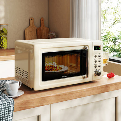 700W Retro Countertop Microwave Oven with 5 Micro Power and Auto Cooking Function-Cream White