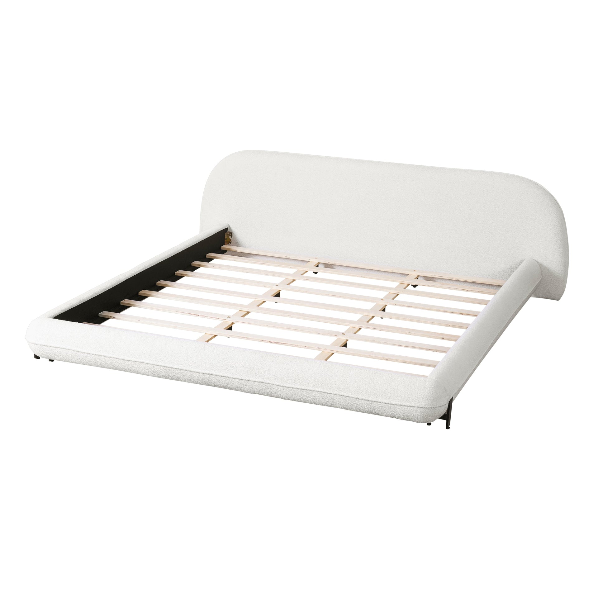 King Size Bed Frame with Boucle Fabric, Upholstered Platform Bed with Curve-Shaped Design & Thick Headboard, White