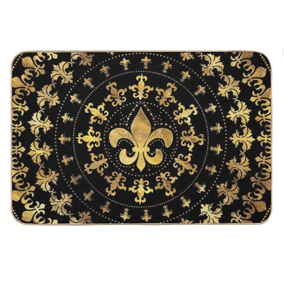 Fleur-de-lis - Circular Ornament - Gold And Black Bath Mat