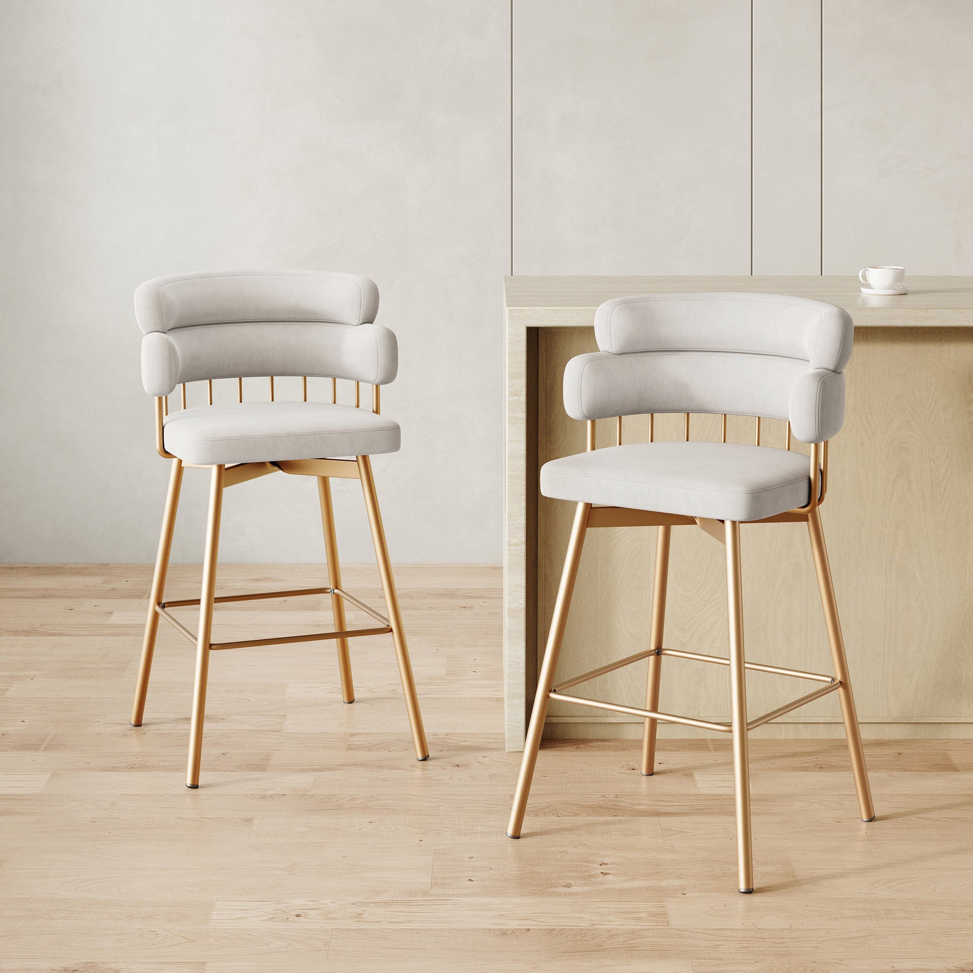 26' Counter Height Bar Stools Set of 2, 180° Swivel Upholstered Barstools with Backs and Metal Legs, Bar Stools for Kitchen Island, Cafe, Pub,