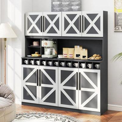 70 Inch Farmhouse Pantry Cabinet Kitchen Buffet Hutch with 4 Cabinets and 2 Open Shelves-Dark Gray