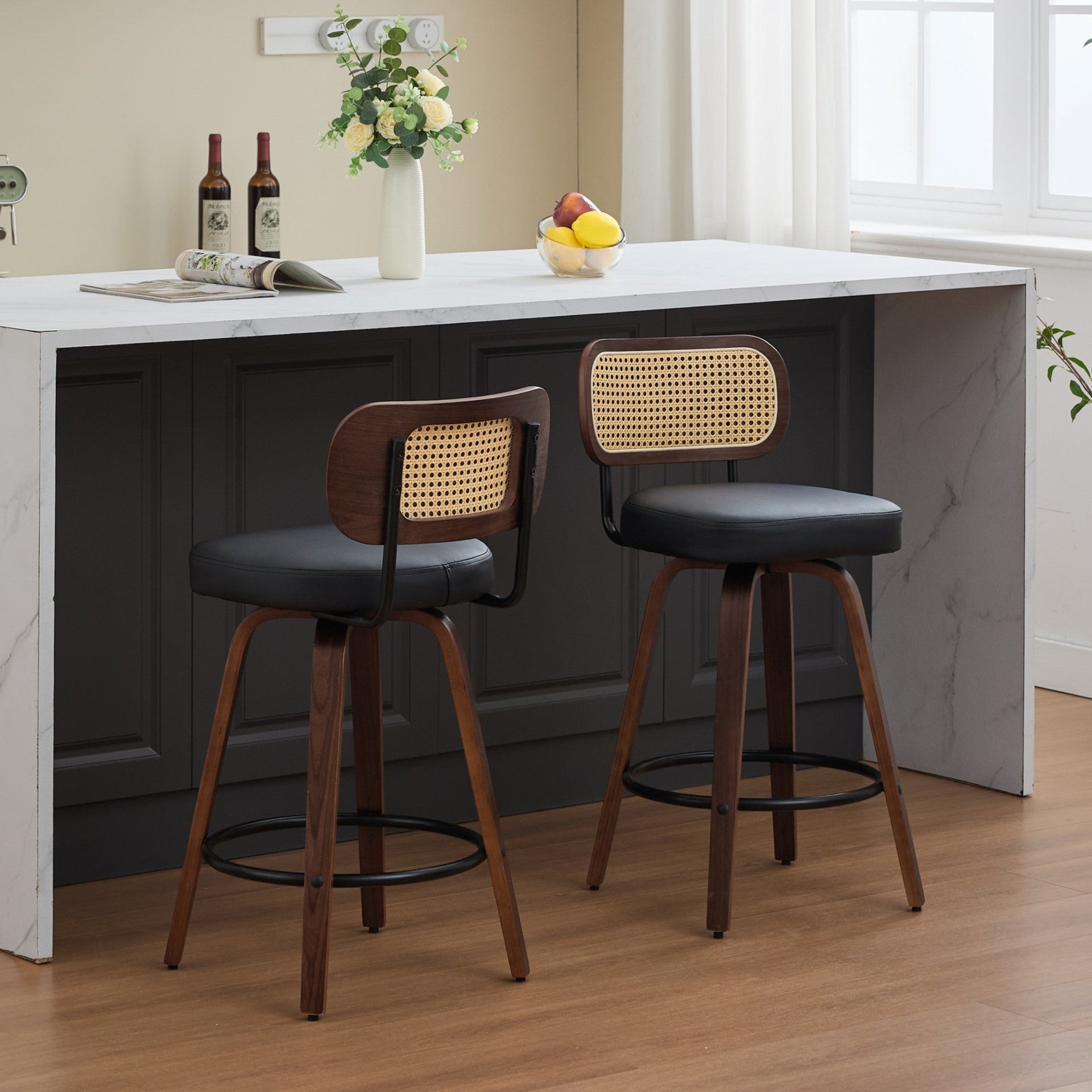 Set of 2 Counter Height Bar Stools - 26 inch Rattan Counter Height Stools with Cane Back, Upholstered Seat, Walnut Craftsmanship, Swivel Counter Stools for Island/Kitchen/Counter/Bar (Walnut Black)
