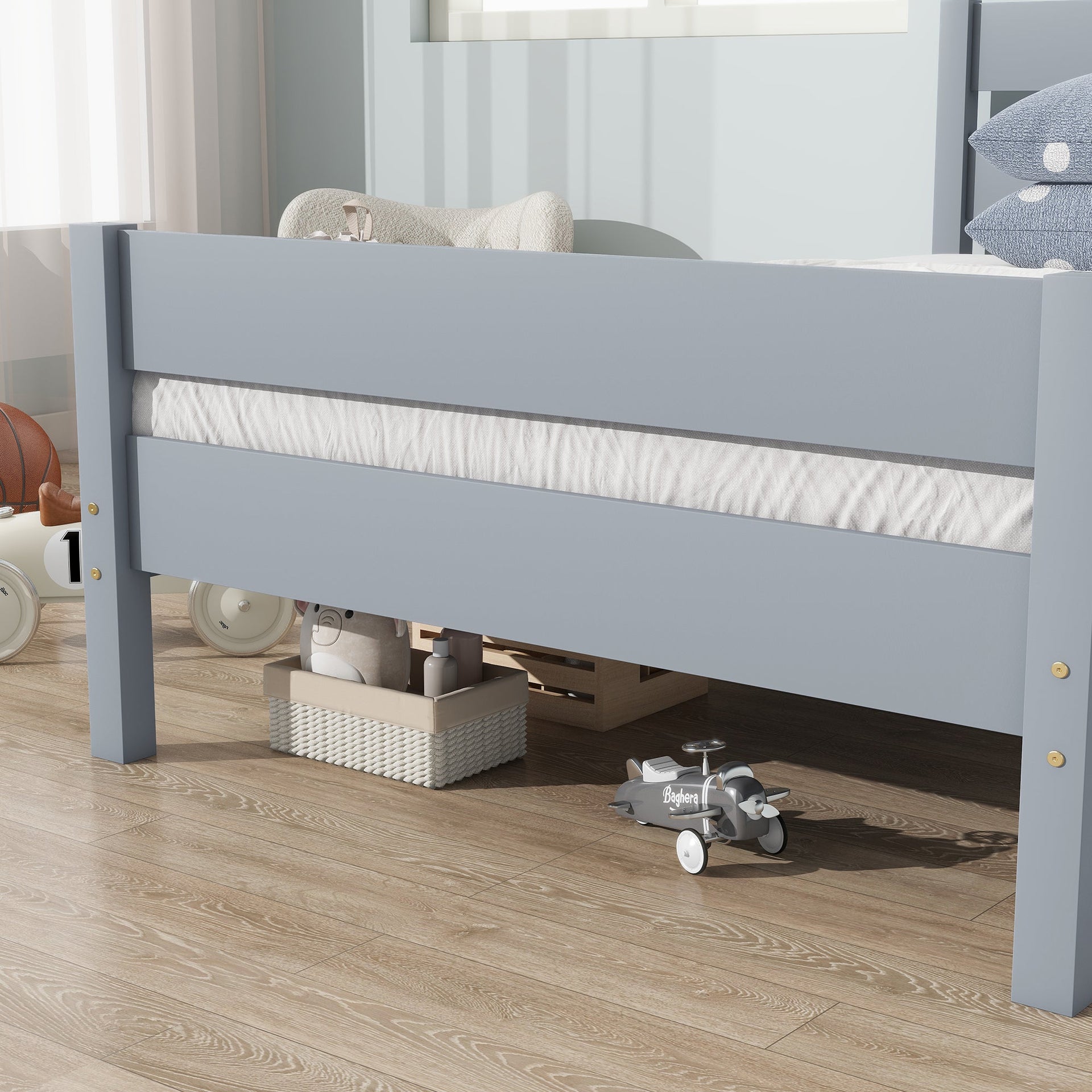 Twin Bed with Headboard and Footboard,Rubber Wood Bed,Grey